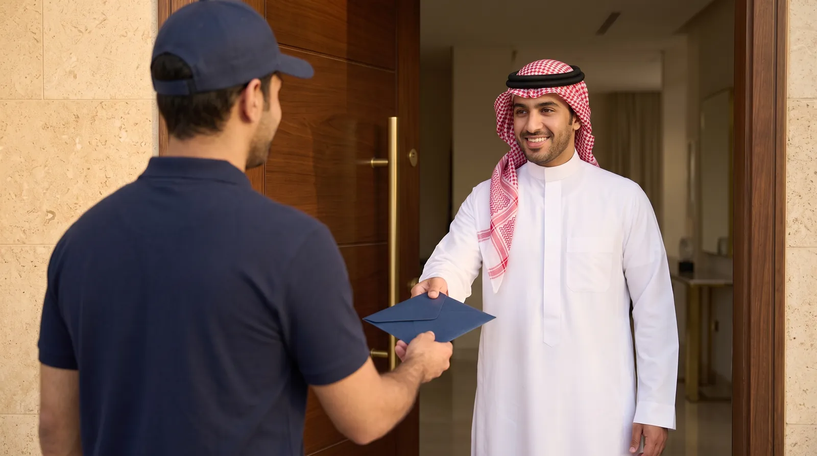 عميل سعودي يستلم ظرف مستنداته من مندوب التوصيل عند باب منزله