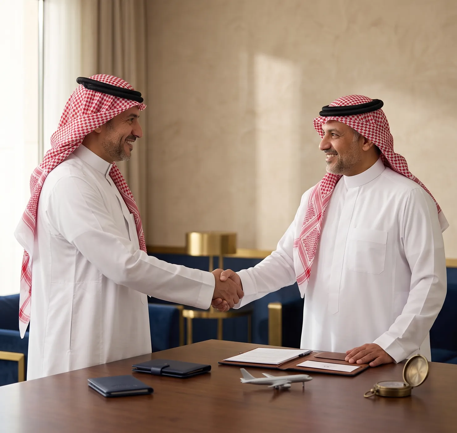 رجلا أعمال سعوديان يتصافحان على مكتب وكالة سفر