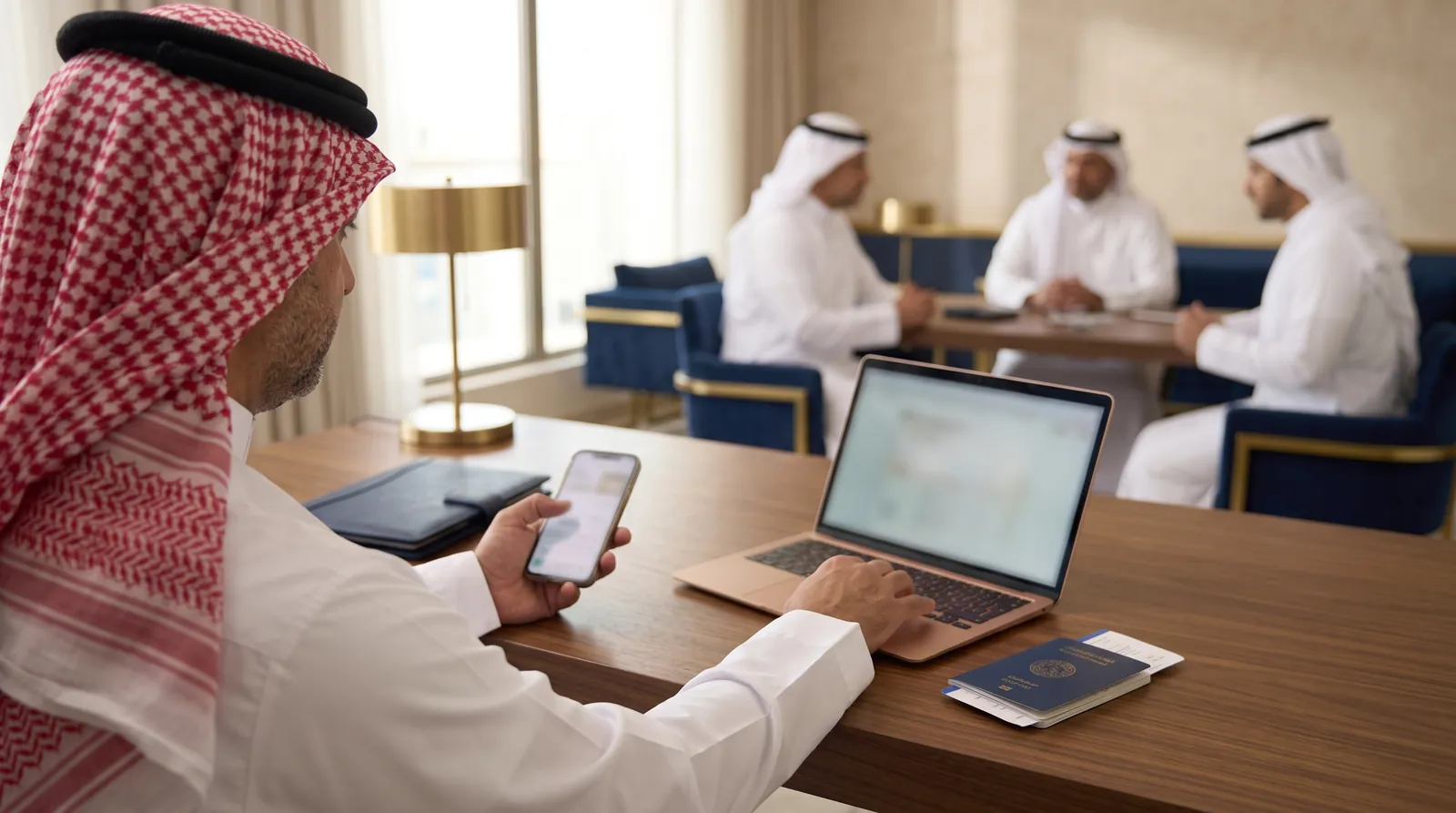 موظف وكالة سفر يطلب خدمة لعميله من الحاسوب والجوال